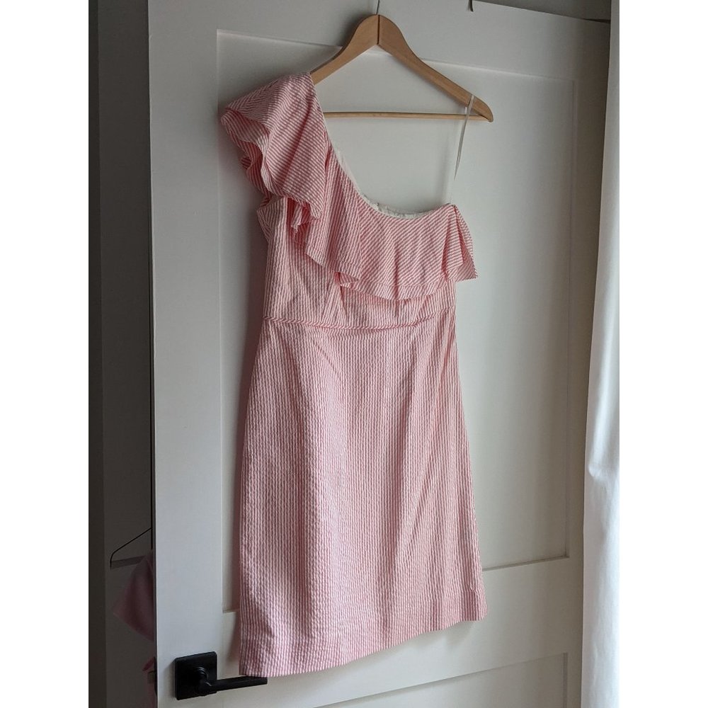 J Crew Seersucker Ruffled One-Shoulder Dress